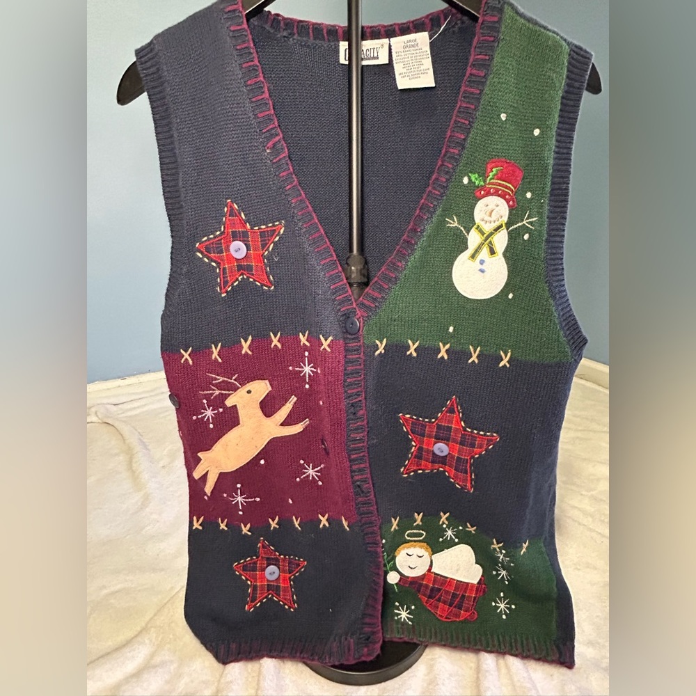 Capacity Vintage Christmas‎ Sweater Vest Navy Blue Patchwork Snowman Reindeer L